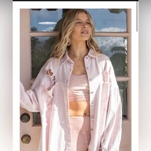 POL Light Pink Distressed shirt jacket